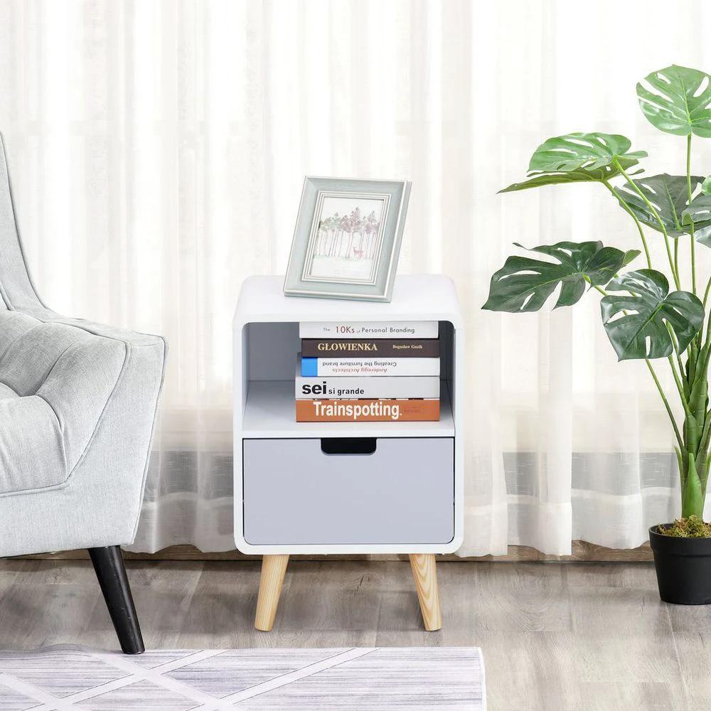HOMCOM Scandinavian Nordic Style Bedside Table End Nightstand Lamp Desk With Drawer - Nightstands Bedside Table