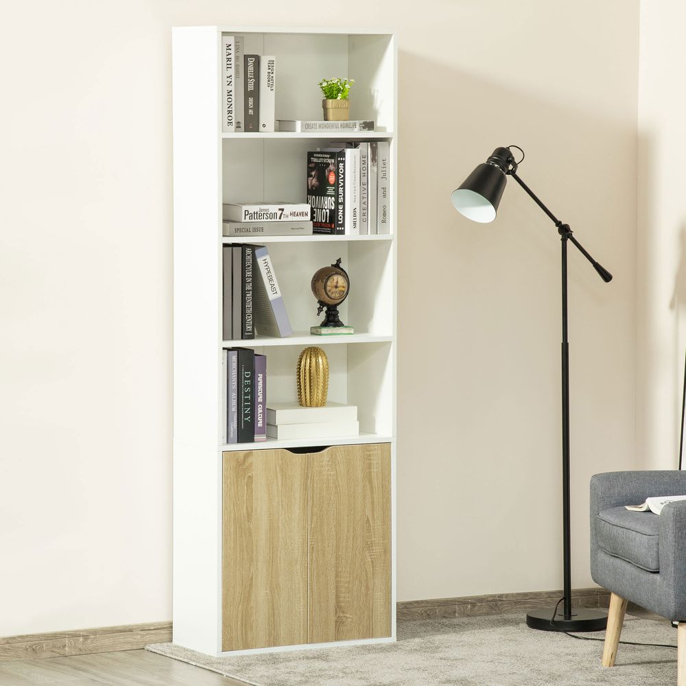 2 Door 4 Shelves Tall Bookcase Cupboard Display Unit Homcom White and Oak - Bookcase from HOMCOM