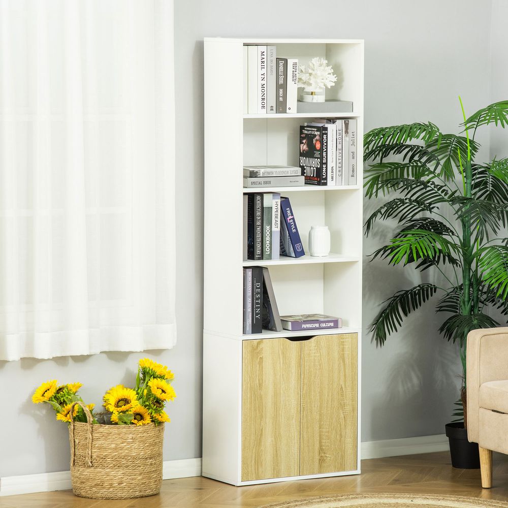 2 Door 4 Shelves Tall Bookcase Cupboard Display Unit Homcom White and Oak - Bookcase from HOMCOM