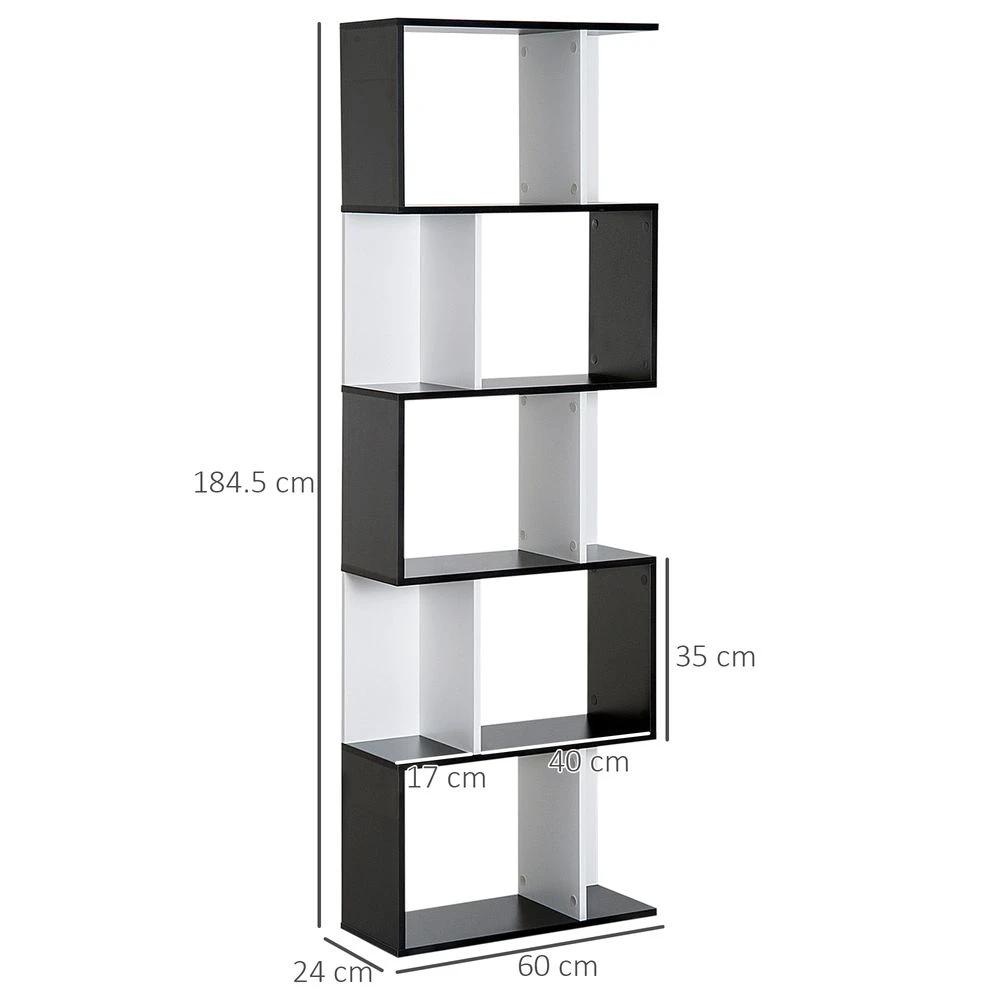 5-tier Bookcase Storage Display Shelving S Shape design Unit Divider Black by HOMCOM