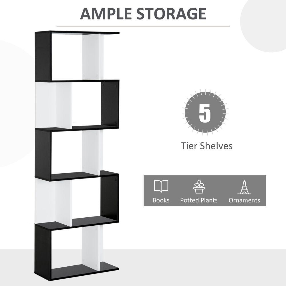 5-tier Bookcase Storage Display Shelving S Shape design Unit Divider Black - Bookcase from HOMCOM