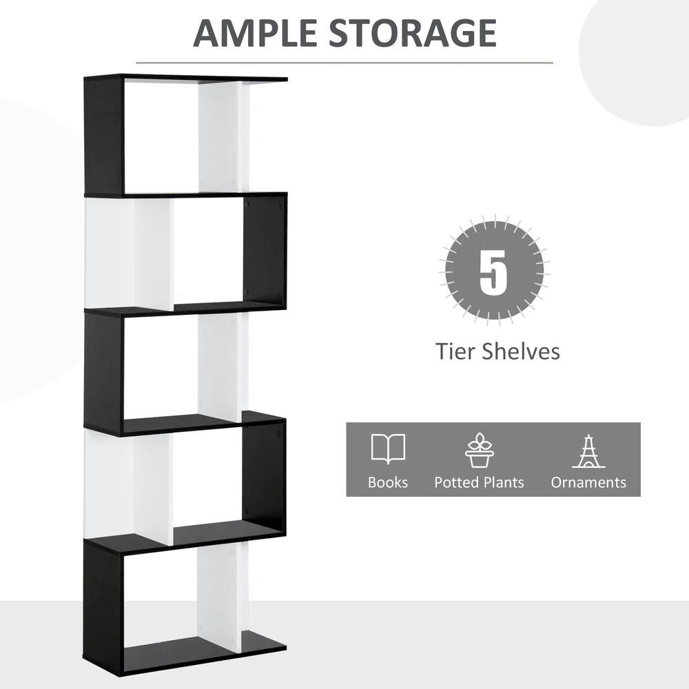 5-tier Bookcase Storage Display Shelving S Shape design Unit Divider Black by HOMCOM