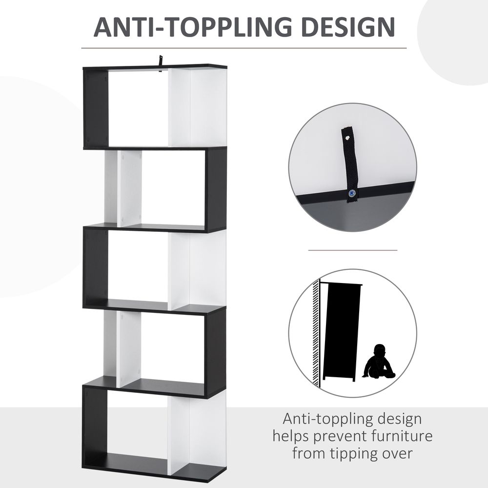 5-tier Bookcase Storage Display Shelving S Shape design Unit Divider Black - Bookcase from HOMCOM