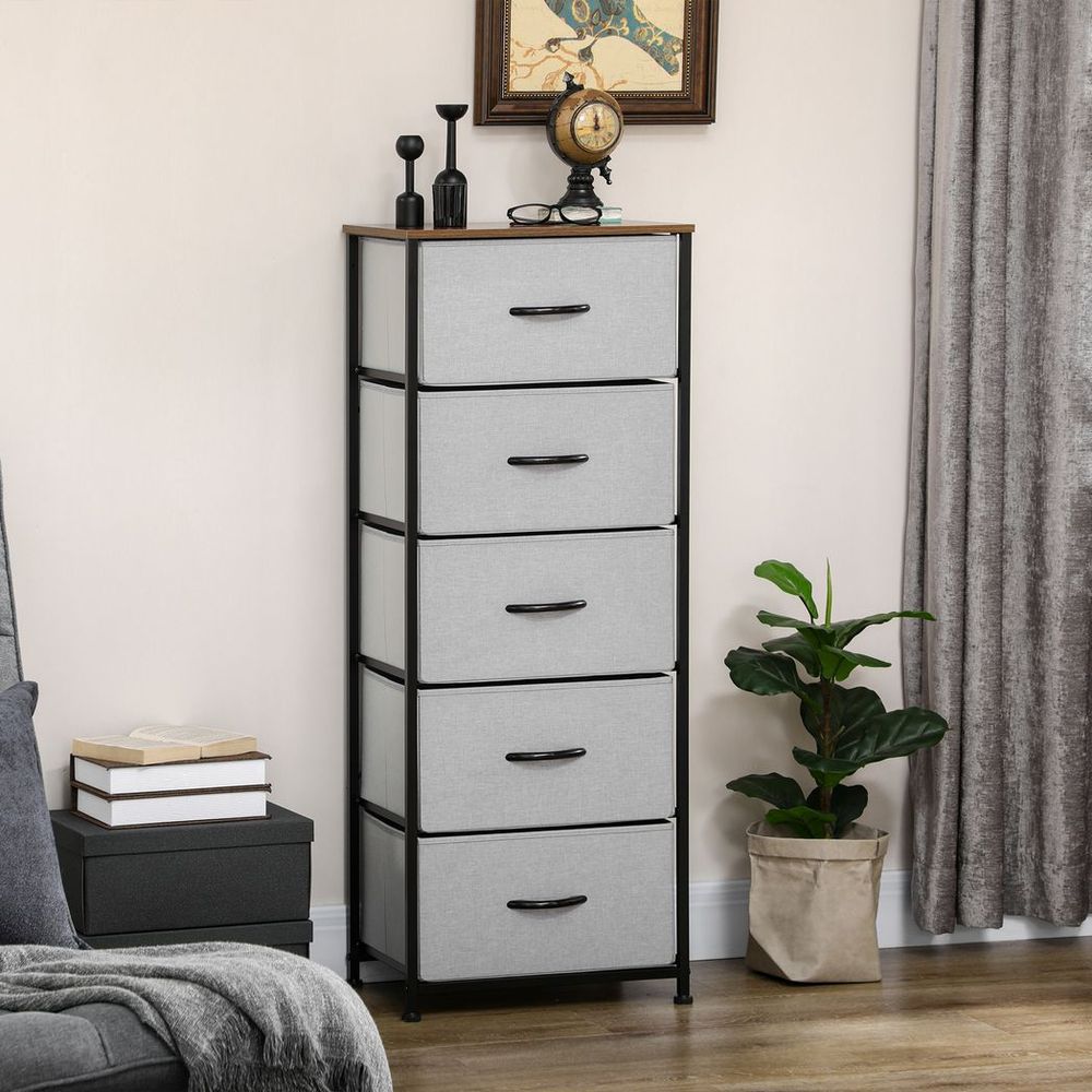 5 Drawer Fabric Chest of Drawers w/ Wooden Top for Closet Hallway Grey - Chest of Drawers from HOMCOM