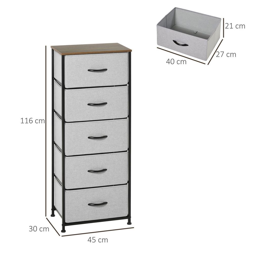 5 Drawer Fabric Chest of Drawers w/ Wooden Top for Closet Hallway Grey - Chest of Drawers from HOMCOM