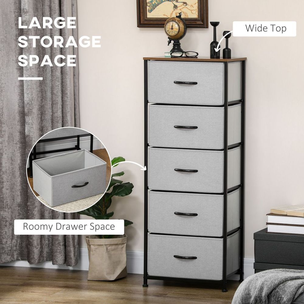 5 Drawer Fabric Chest of Drawers w/ Wooden Top for Closet Hallway Grey - Chest of Drawers from HOMCOM