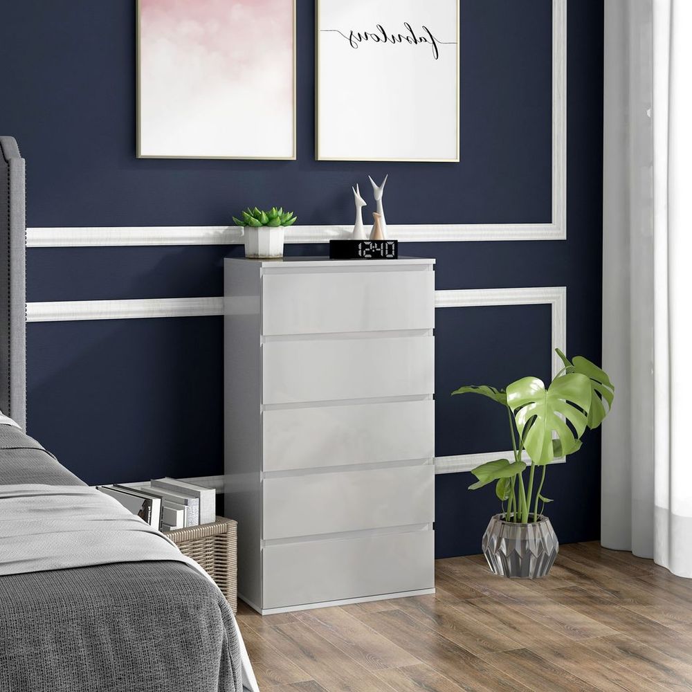 Bedroom Chest of Drawers, High Gloss 5 Drawers Dresser, Drawer Unit - Chest of Drawers from HOMCOM