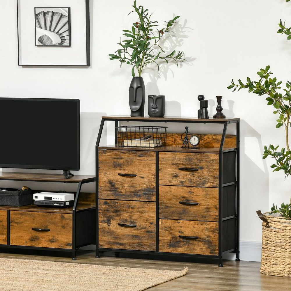 Bedroom Chest of Drawers with 5 Fabric Drawers, Open Shelf, Rustic Brown Homcom - Chest of Drawers from HOMCOM