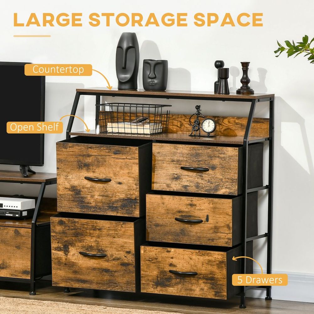 Bedroom Chest of Drawers with 5 Fabric Drawers, Open Shelf, Rustic Brown Homcom - Chest of Drawers from HOMCOM