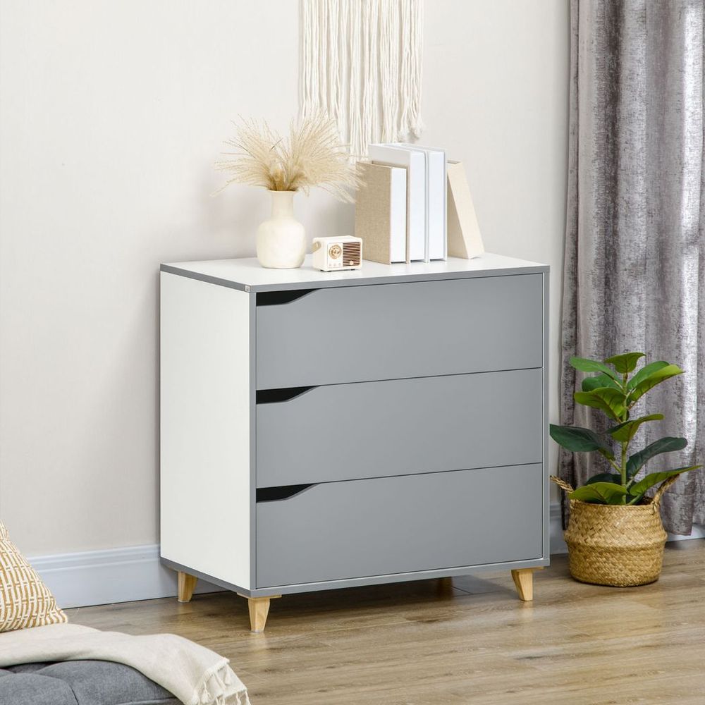 Chest of Drawers 3-Drawer Dresser Storage Cabinet with Solid Wood Legs Grey - Chest of Drawers from HOMCOM