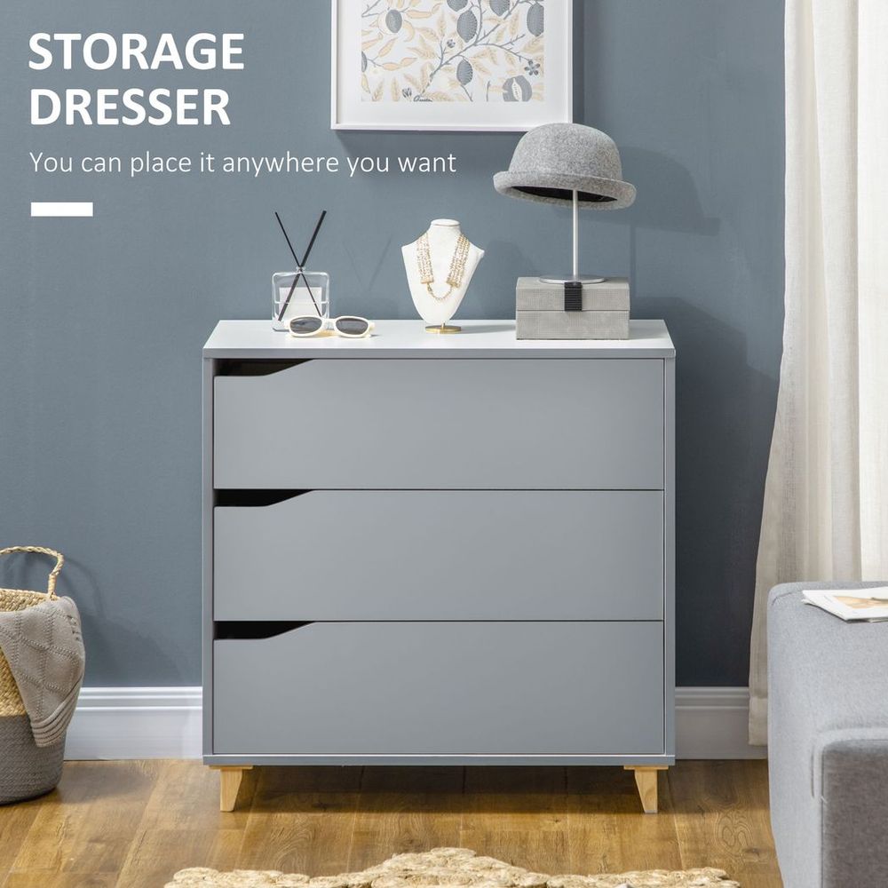 Chest of Drawers 3-Drawer Dresser Storage Cabinet with Solid Wood Legs Grey - Chest of Drawers from HOMCOM
