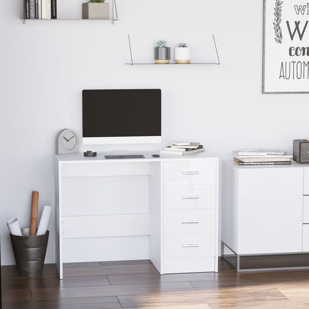 High Gloss 4 Drawers Table Vanity Dressing Drawer Computer PC Study White - Chest of Drawers from HOMCOM