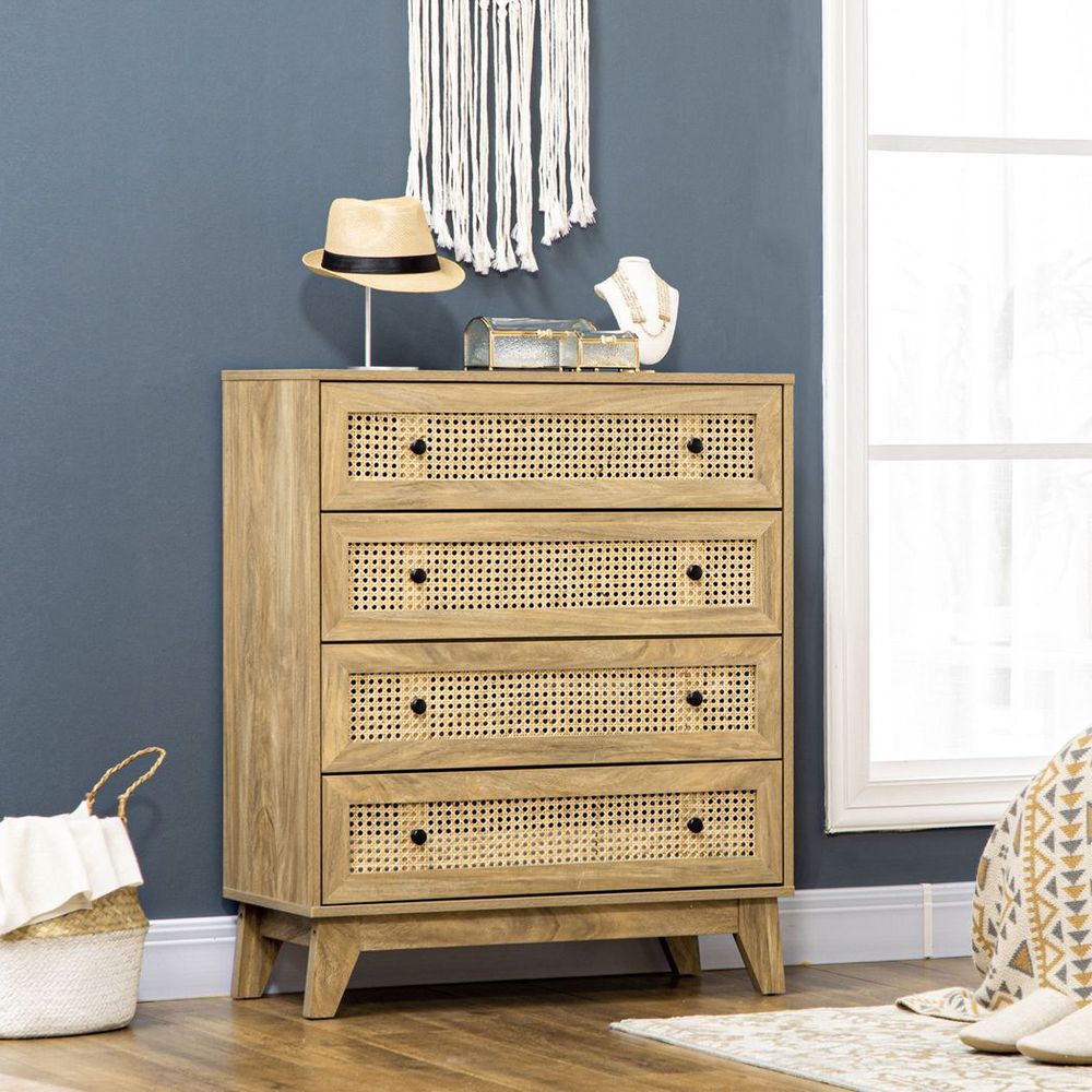 Rattan Chest of Drawers 4-Drawer Dresser Storage Cabinet Bedroom, Wood Effect - Chest of Drawers from HOMCOM