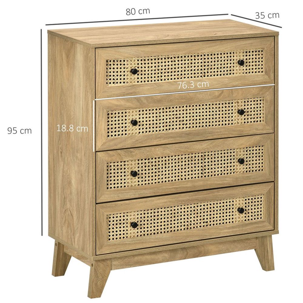 Rattan Chest of Drawers 4-Drawer Dresser Storage Cabinet Bedroom, Wood Effect - Chest of Drawers from HOMCOM