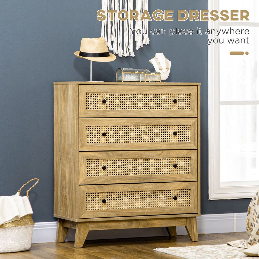 Rattan Chest of Drawers 4-Drawer Dresser Storage Cabinet Bedroom, Wood Effect - Chest of Drawers from HOMCOM