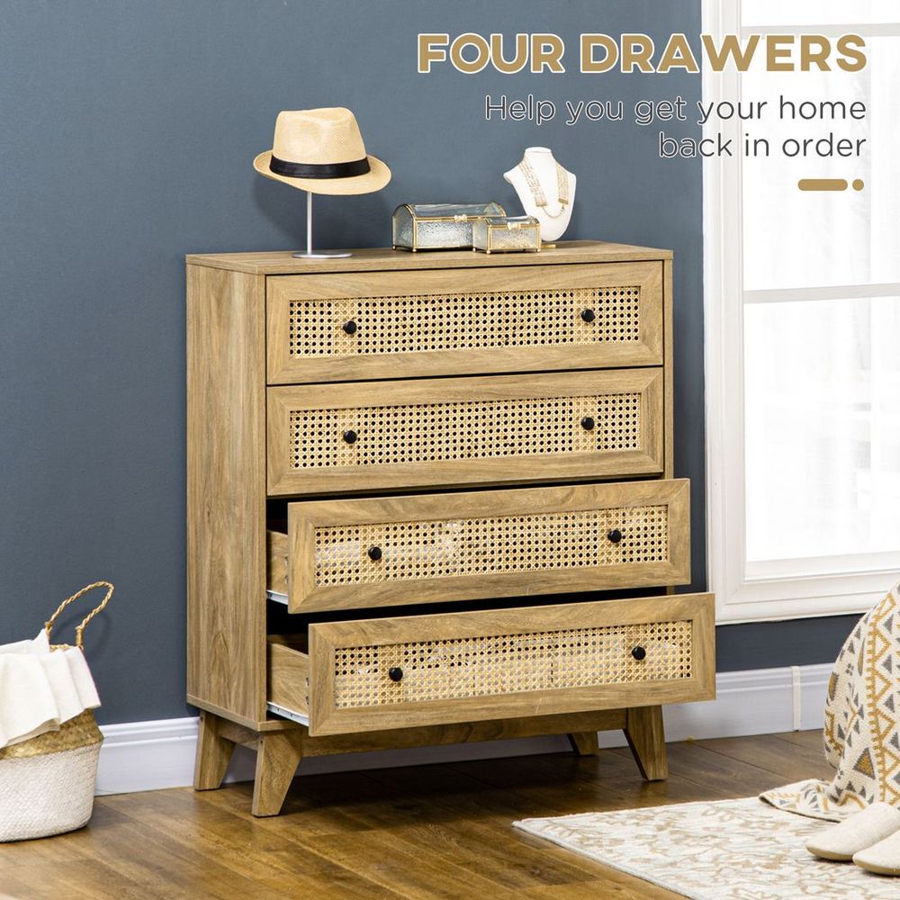 Rattan Chest of Drawers 4-Drawer Dresser Storage Cabinet Bedroom, Wood Effect - Chest of Drawers from HOMCOM