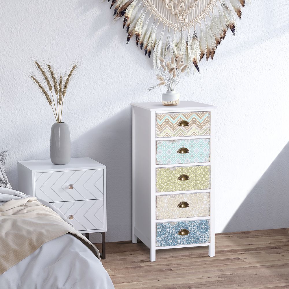 Storage Chest Unit Dresser 5 Drawer Retro Style Wood White Entryway - Chest of Drawers from HOMCOM