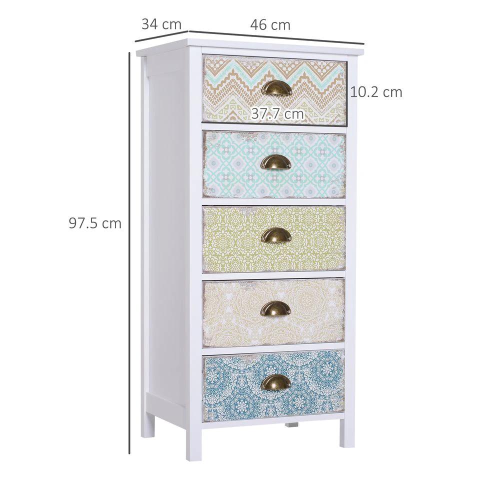Storage Chest Unit Dresser 5 Drawer Retro Style Wood White Entryway by HOMCOM