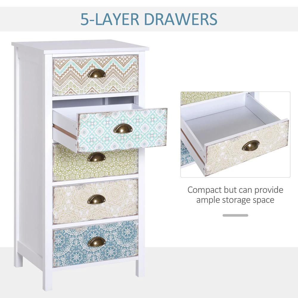 Storage Chest Unit Dresser 5 Drawer Retro Style Wood White Entryway by HOMCOM