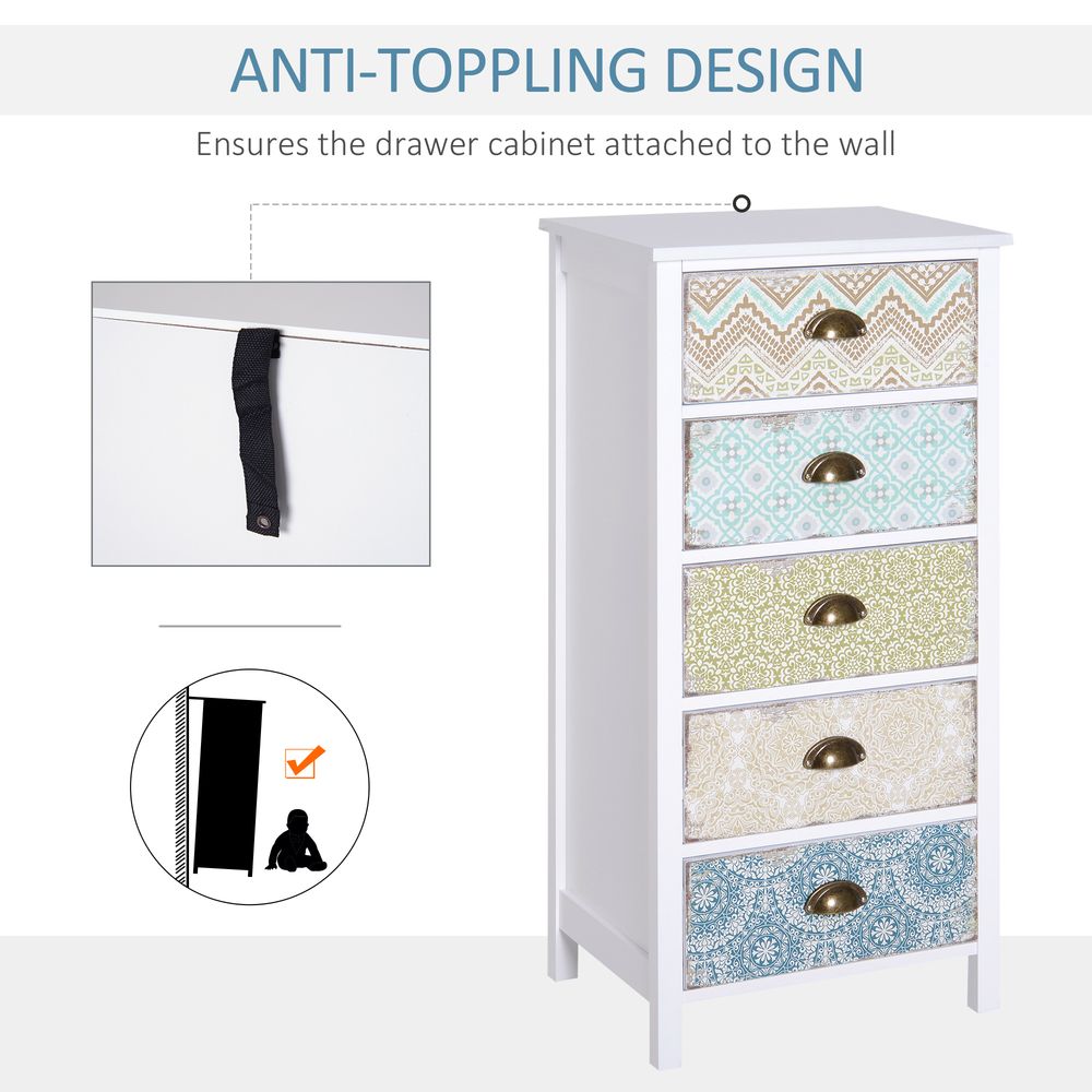Storage Chest Unit Dresser 5 Drawer Retro Style Wood White Entryway - Chest of Drawers from HOMCOM