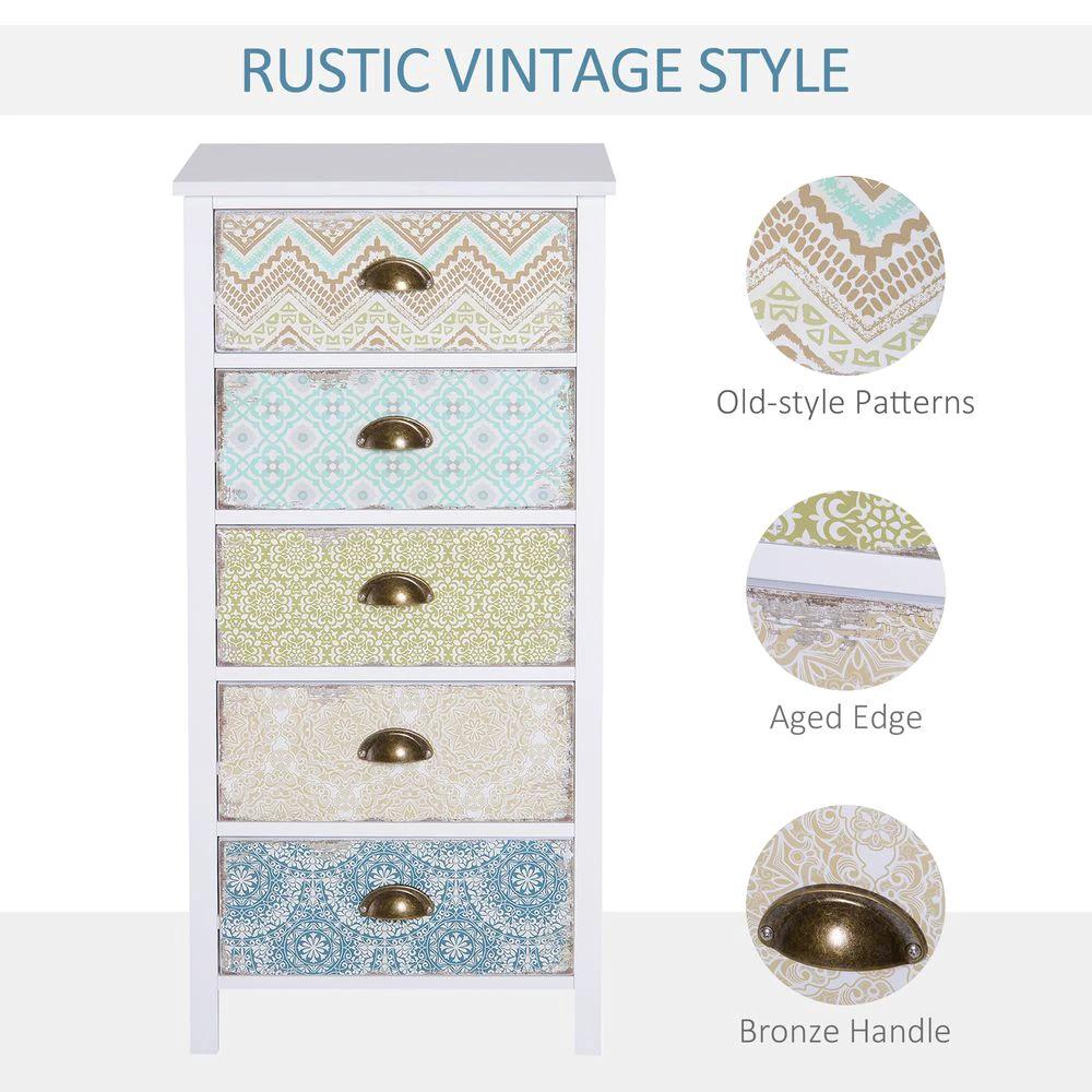 Storage Chest Unit Dresser 5 Drawer Retro Style Wood White Entryway by HOMCOM