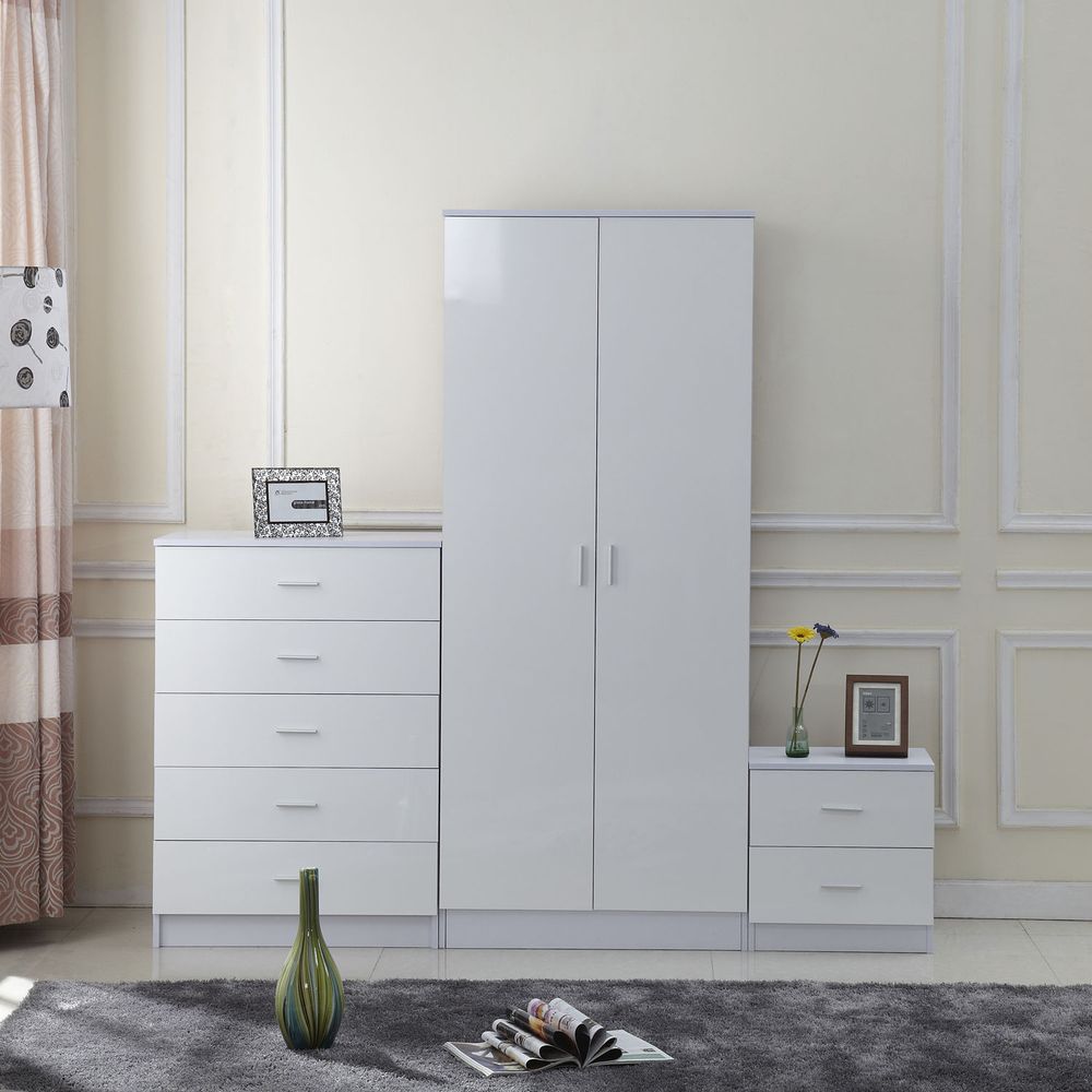 Tall White High Gloss Wardrobes 3 Pc Chest Bedside Table 7 Drawer - Chest of Drawers from HOMCOM