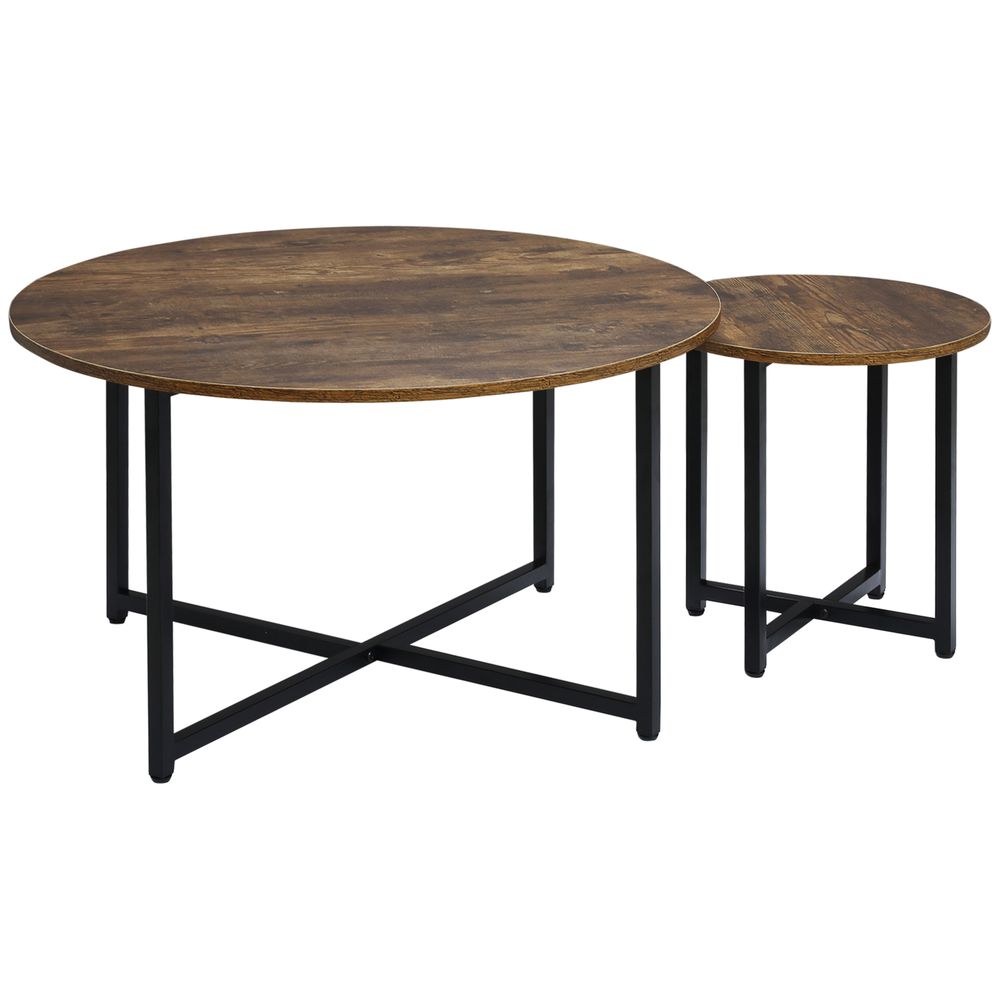 2 Pcs Homcom Round Coffee Table with Metal Frame Side Accent Tables Brown - Coffee Table from HOMCOM