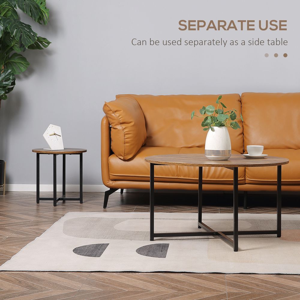 2 Pcs Homcom Round Coffee Table with Metal Frame Side Accent Tables Brown - Coffee Table from HOMCOM