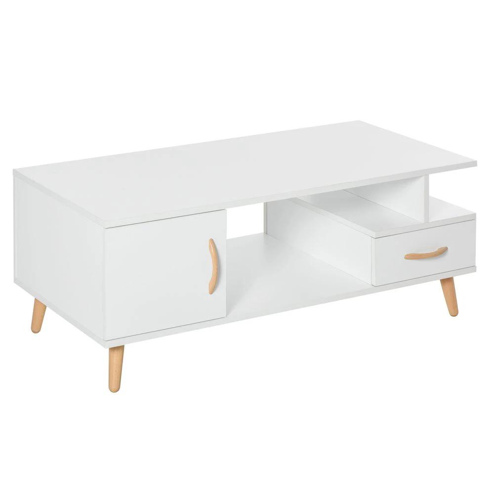 HOMCOM Coffee Table with Storage, Sofa Side Table with Shelf & Drawer White - Coffee Tables Coffee Table