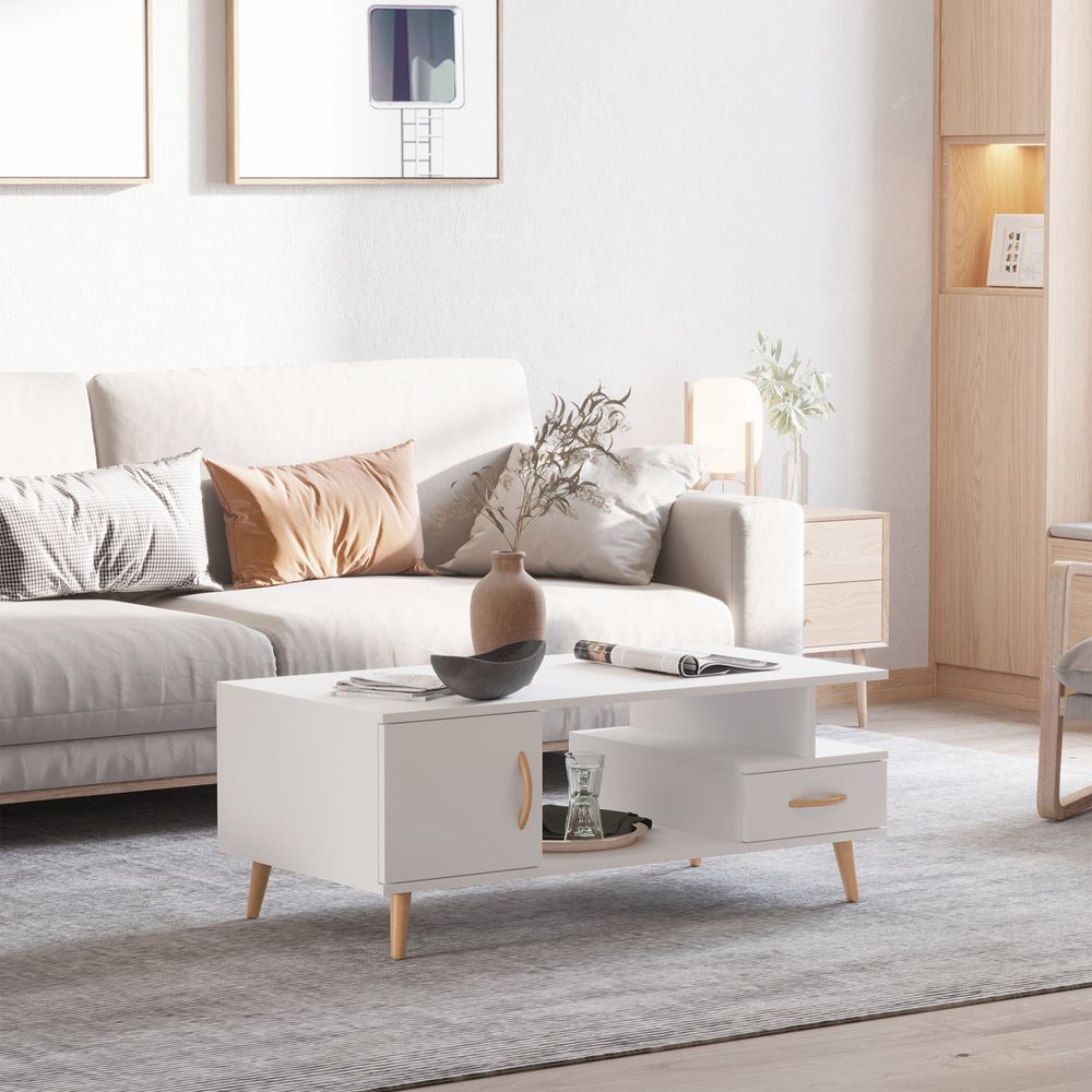 Coffee Table with Storage, Sofa Side Table with Shelf & Drawer White - Coffee Table from HOMCOM