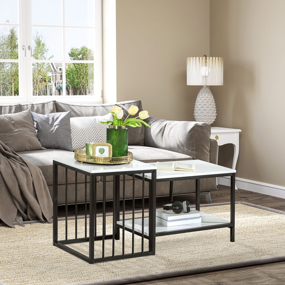 Modern Coffee Table Set of Two  Steel Frame Marble-Effect White, Black - Coffee Table from HOMCOM