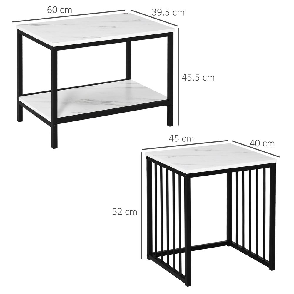 Modern Coffee Table Set of Two  Steel Frame Marble-Effect White, Black - Coffee Table from HOMCOM