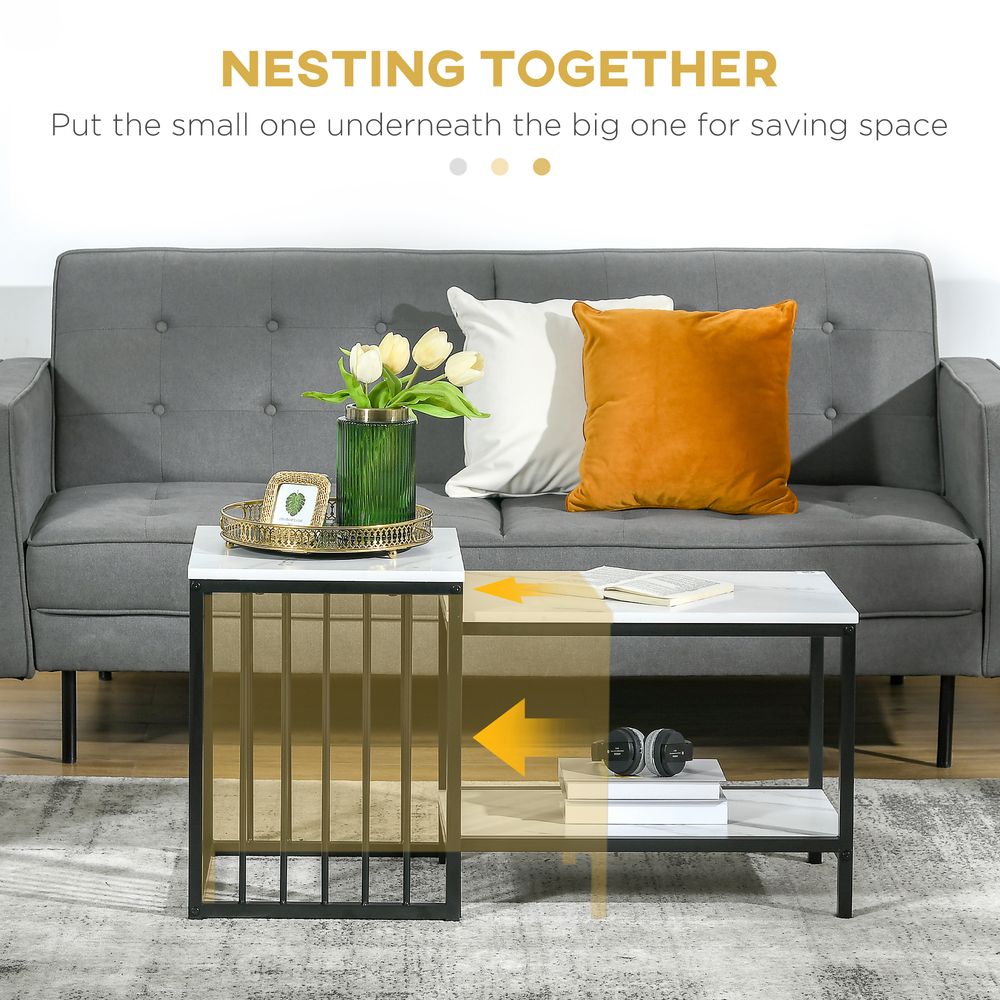 Modern Coffee Table Set of Two  Steel Frame Marble-Effect White, Black - Coffee Table from HOMCOM