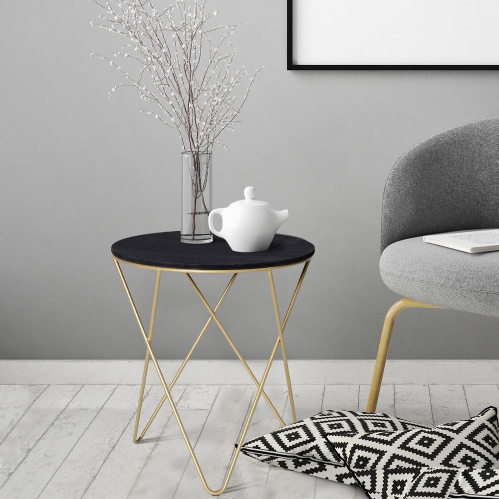 Round Coffee Table Sofa End Side Wood Metal Bedside Table  - Black Gold - Coffee Table from HOMCOM