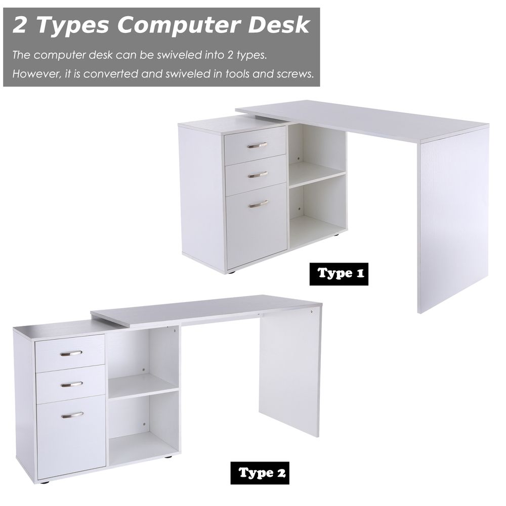 Home Office L Shape Computer Desk Workstation Drawer Shelf File Cabinet-White - Desk from HOMCOM