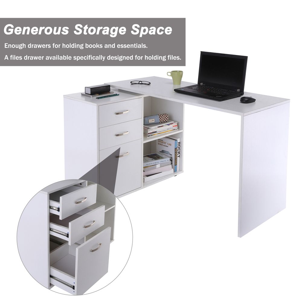 Home Office L Shape Computer Desk Workstation Drawer Shelf File Cabinet-White - Desk from HOMCOM