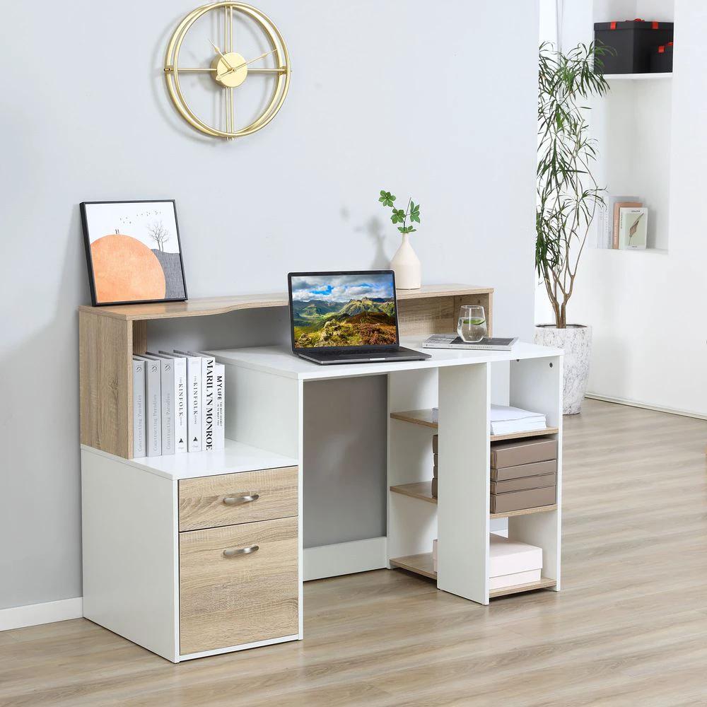 HOMCOM Multi-Storage & Workstation Desk Table Storage Shelves Home Office Oak HOMCOM - Desks Desk