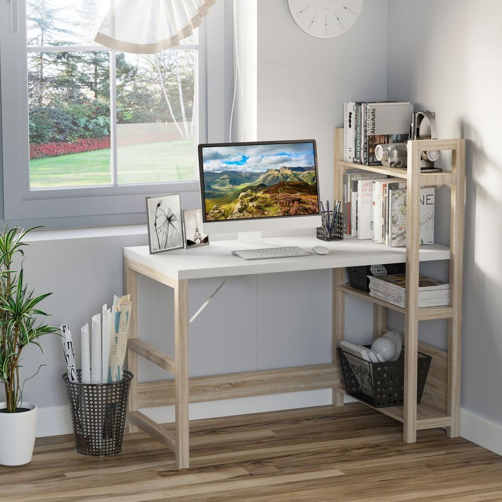 Rectangle Desk with Book Shelf Display Table Home Office, Wood Grain - Desk from HOMCOM