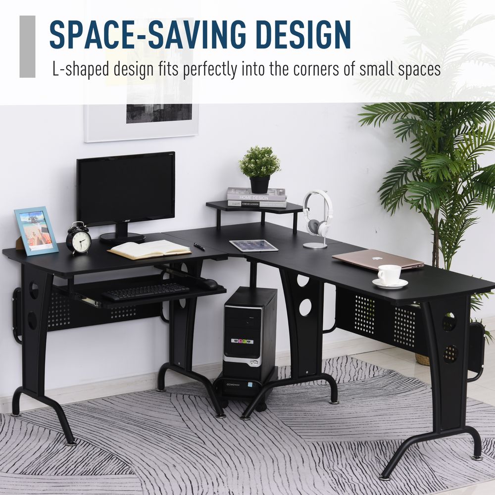 Space-Saving Corner Work Office Desk Gaming  Steel Frame CPU Rack Black - Desk from HOMCOM