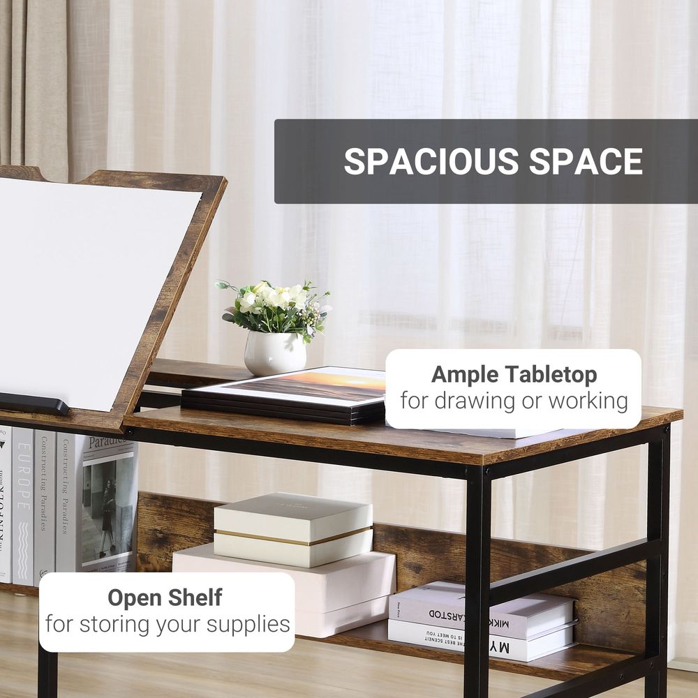 Tiltable Drafting Table Home Office Computer Desk  Shelf, Rustic Brown - Desk from HOMCOM