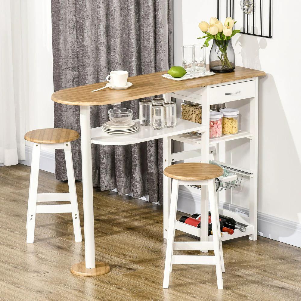 3 Piece Homcom Bar Table Set, Breakfast and Stools Wine Rack Natural White by HOMCOM