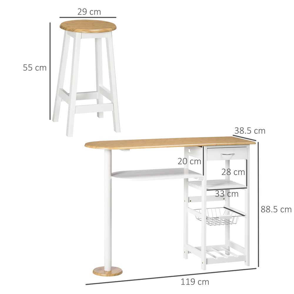 3 Piece Homcom Bar Table Set, Breakfast and Stools Wine Rack Natural White - Dining Set from HOMCOM