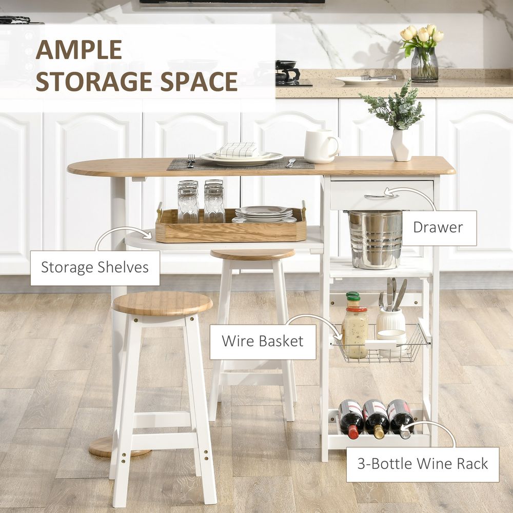 3 Piece Homcom Bar Table Set, Breakfast and Stools Wine Rack Natural White - Dining Set from HOMCOM