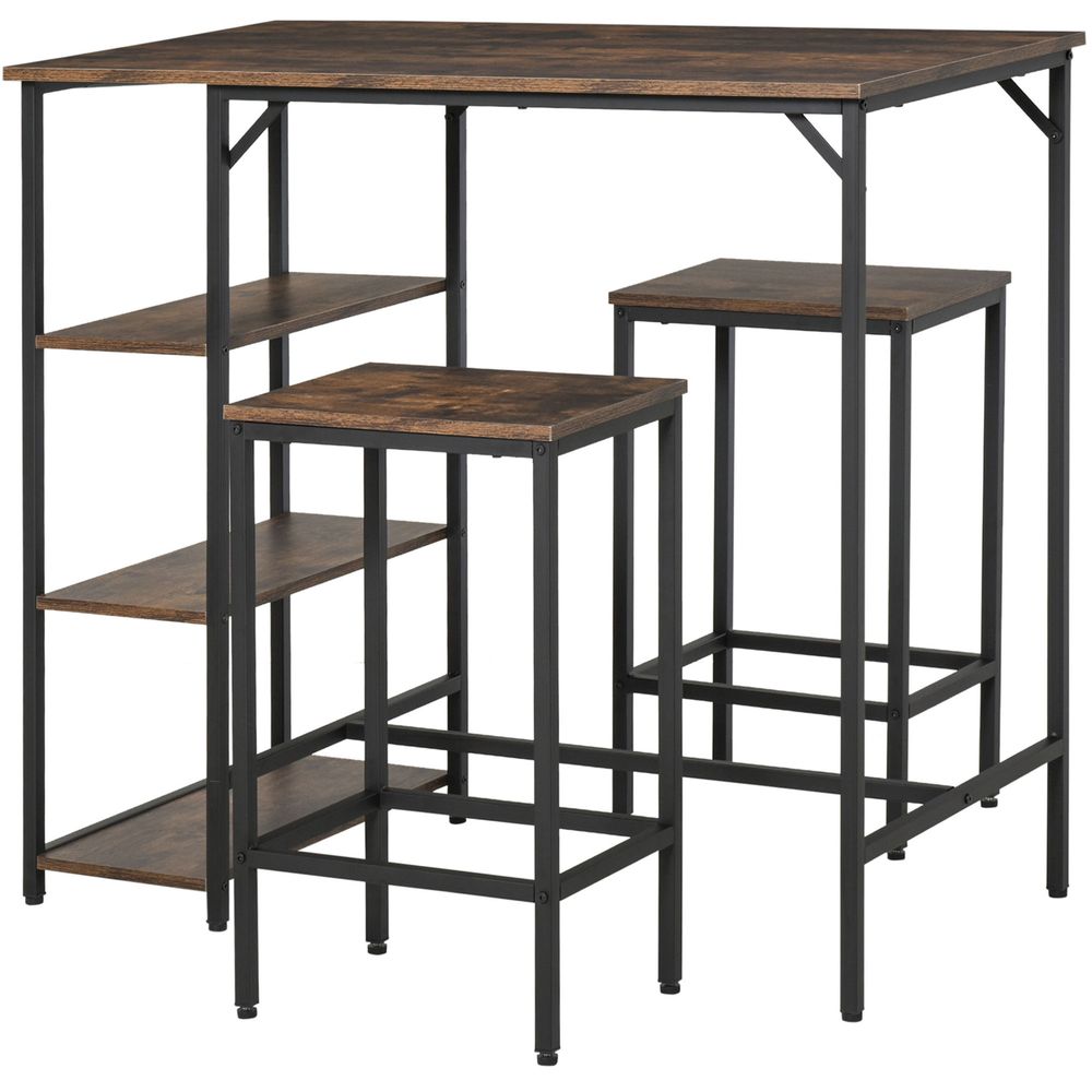 3PC Homcom Industrial Bar Height Dining Table Set With 2 Stools & Side Shelf, - Dining Set from HOMCOM