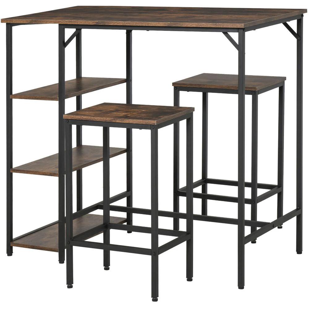 3PC Homcom Industrial Bar Height Dining Table Set With 2 Stools & Side Shelf, by HOMCOM