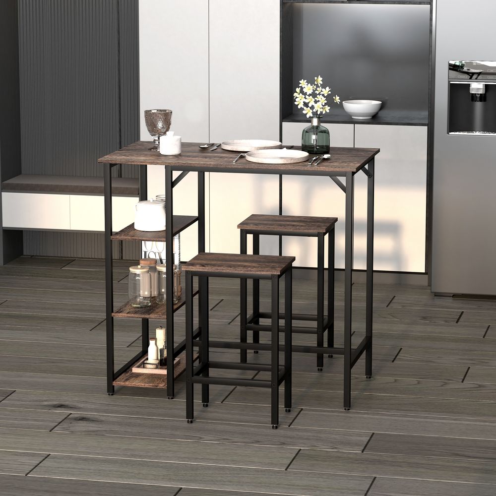 3PC Homcom Industrial Bar Height Dining Table Set With 2 Stools & Side Shelf, - Dining Set from HOMCOM