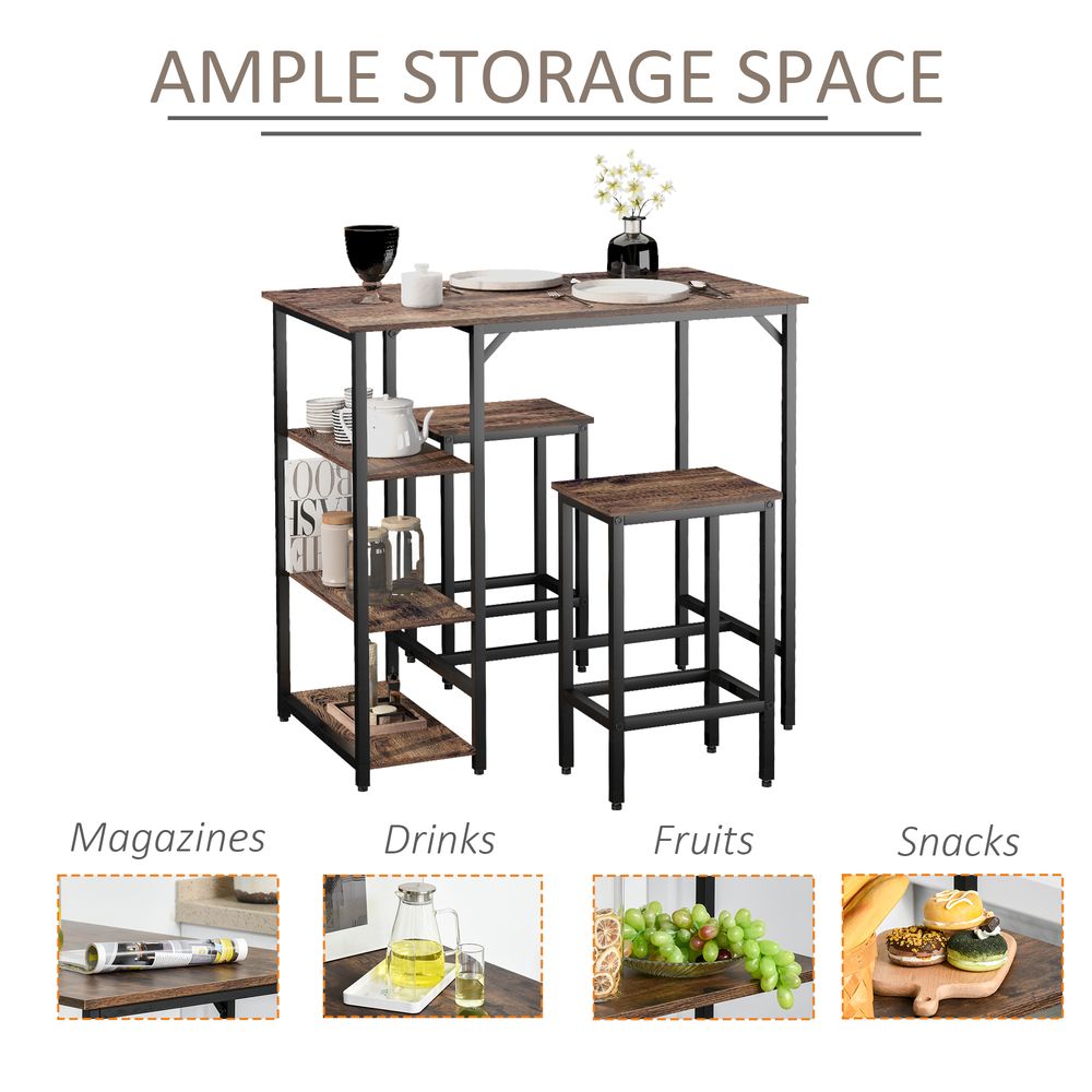 3PC Homcom Industrial Bar Height Dining Table Set With 2 Stools & Side Shelf, - Dining Set from HOMCOM