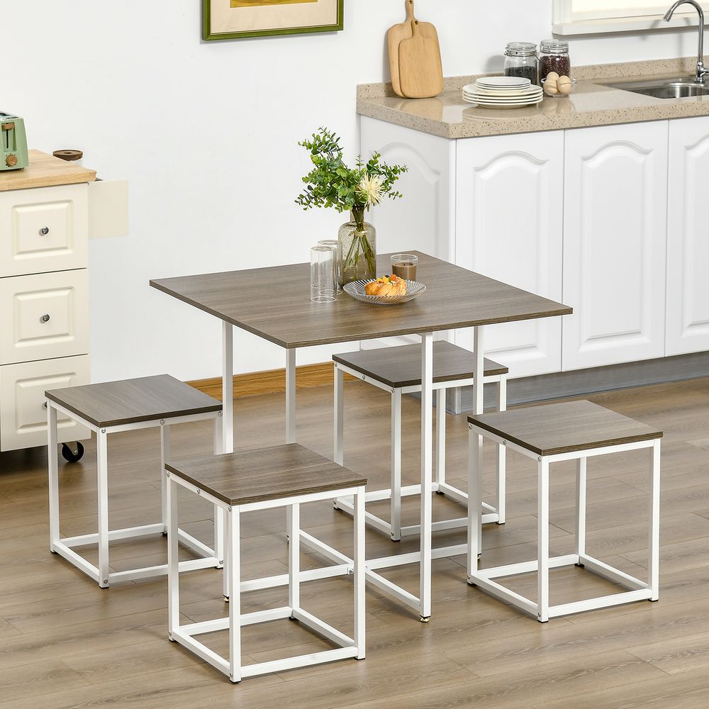 5-Piece Homcom Dining Table Set Metal Frame Square 4 Chairs Walnut - Dining Set from HOMCOM