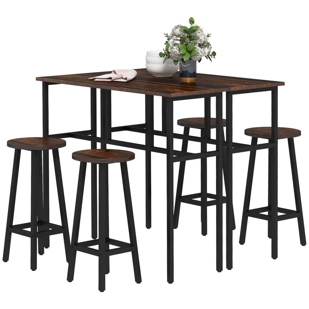 6-Piece Industrial Bar Table Set, 2 Kitchen Tables with 4 Stools, Brown Homcom by HOMCOM