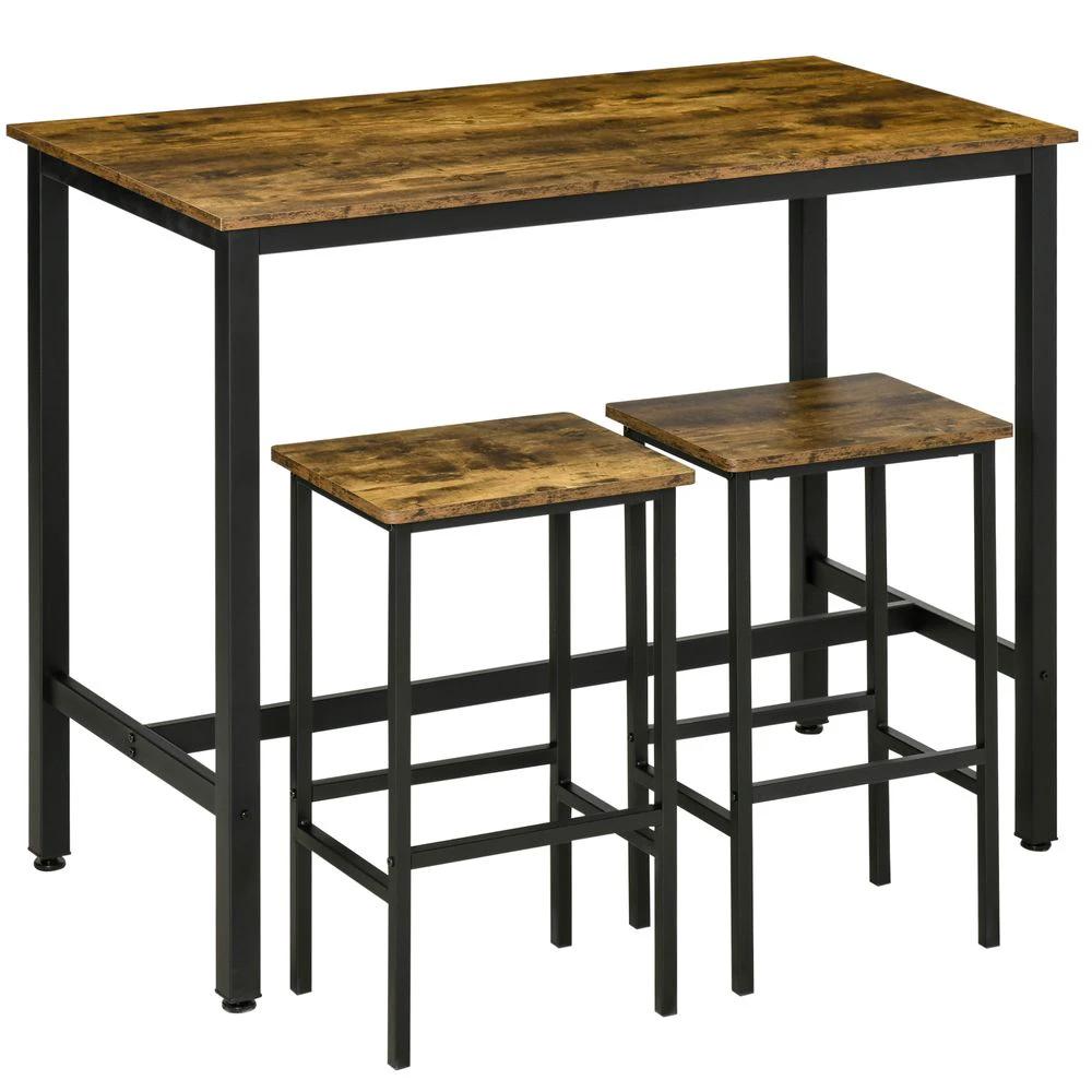 Industrial Bar Table Set, 2 Stools, 3PC Counter Height Rustic Brown by HOMCOM